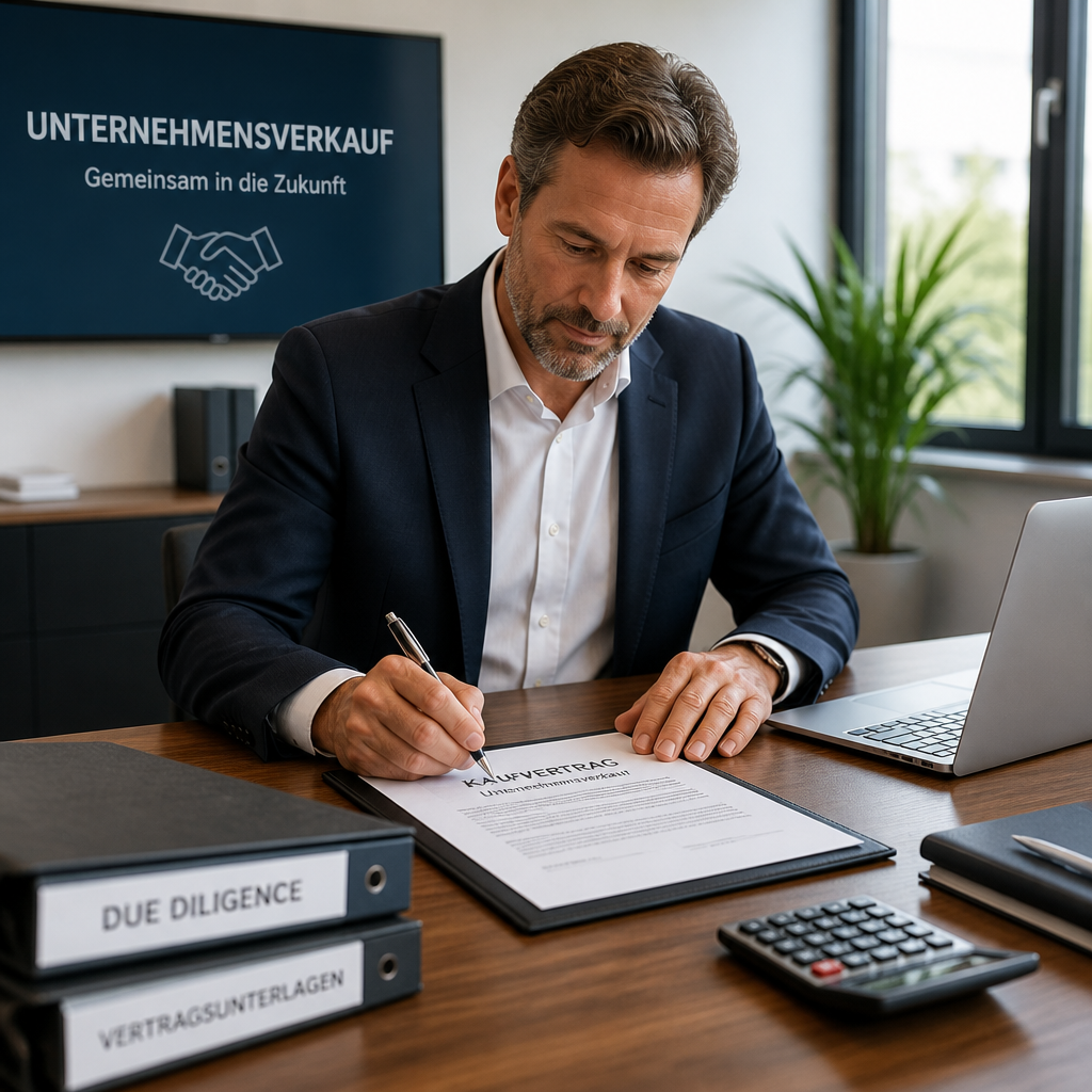 Unternehmer unterschreibt Verkaufsvertrag am Tisch mit Akten, Laptop und Taschenrechner