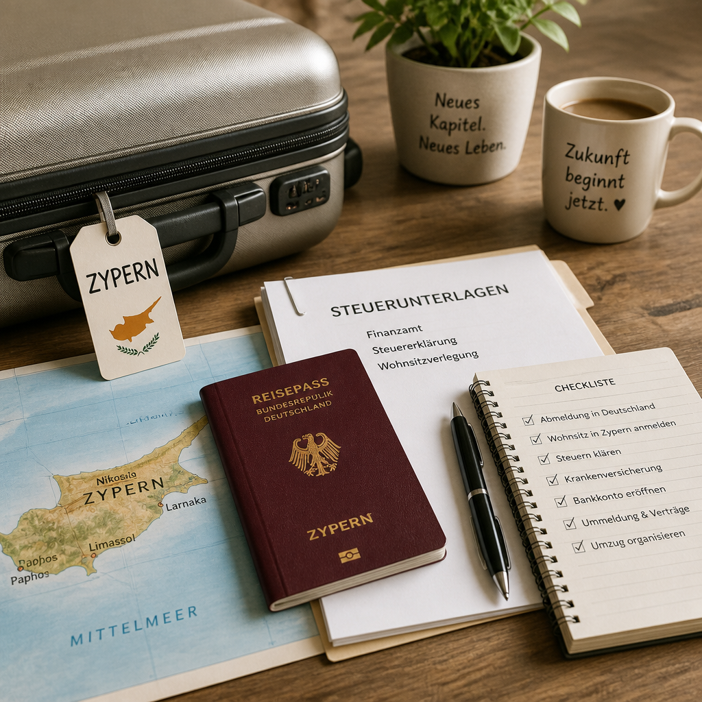 Koffer mit Reisepass, Steuerunterlagen und Zypern-Karte auf Holztisch