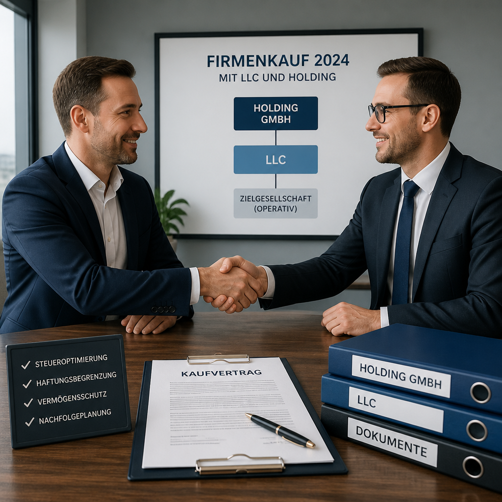 Zwei Geschäftsleute schütteln Hände über Kaufvertrag und Aktenordner