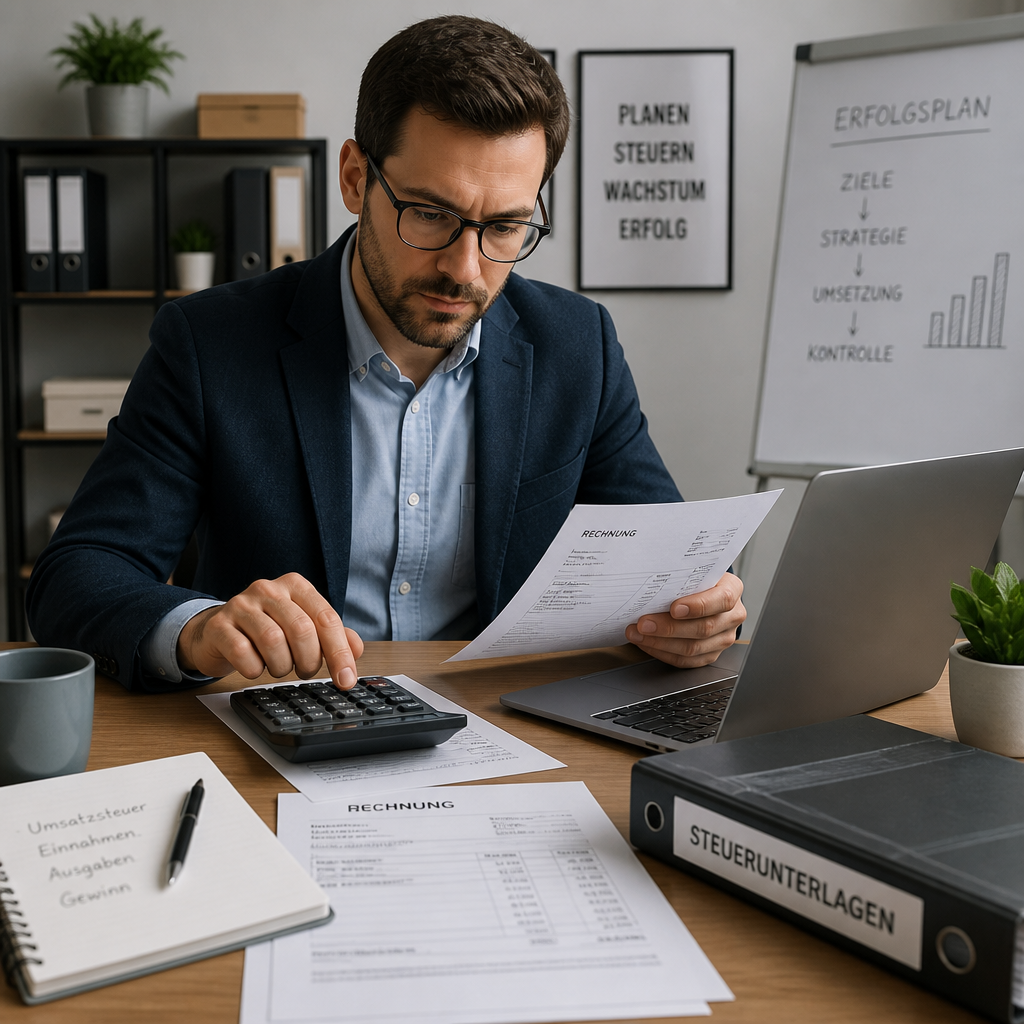Unternehmer am Schreibtisch rechnet mit Taschenrechner, Laptop, Rechnungen und Steuerunterlagen