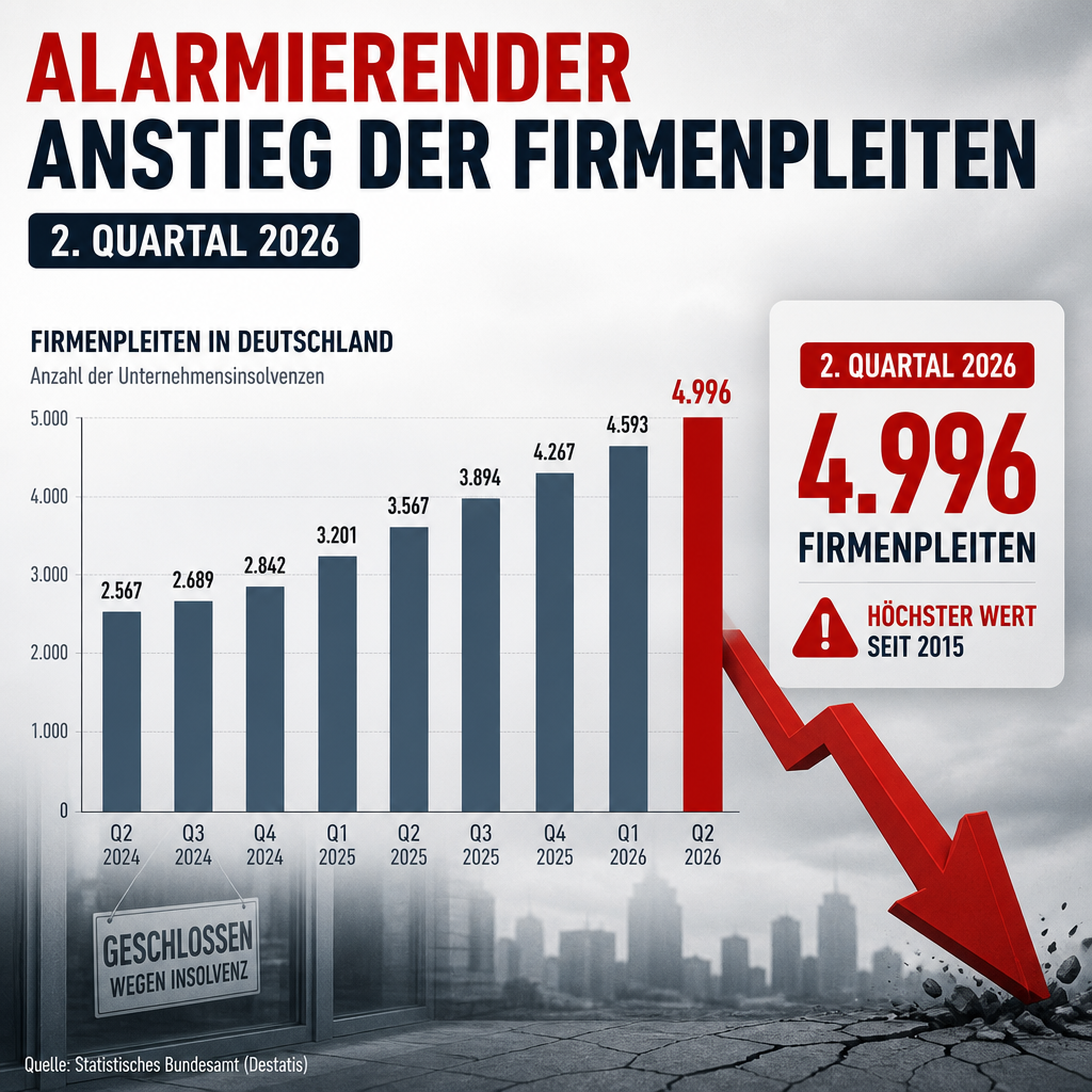 Diagramm zeigt 4.996 Firmenpleiten im 2. Quartal 2026 mit rotem Abwärtspfeil