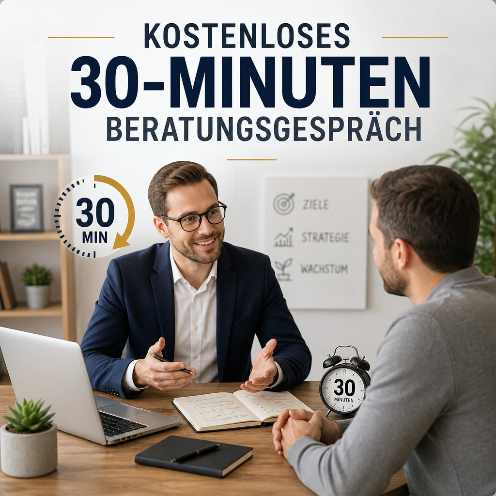 Berater und Unternehmer am Tisch mit Laptop, Notizen und Uhr im 30‑Minuten Gespräch