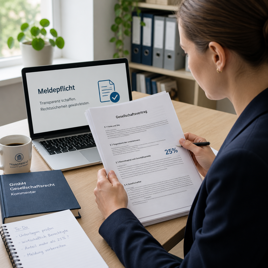 Person prüft Gesellschaftsverträge am Schreibtisch neben Laptop, Dokument mit 25% sichtbar