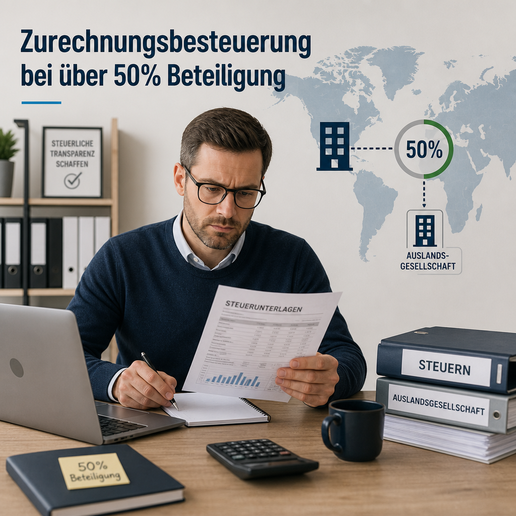 Person prüft Steuerunterlagen neben Laptop und Weltkarte mit 50%-Markierung