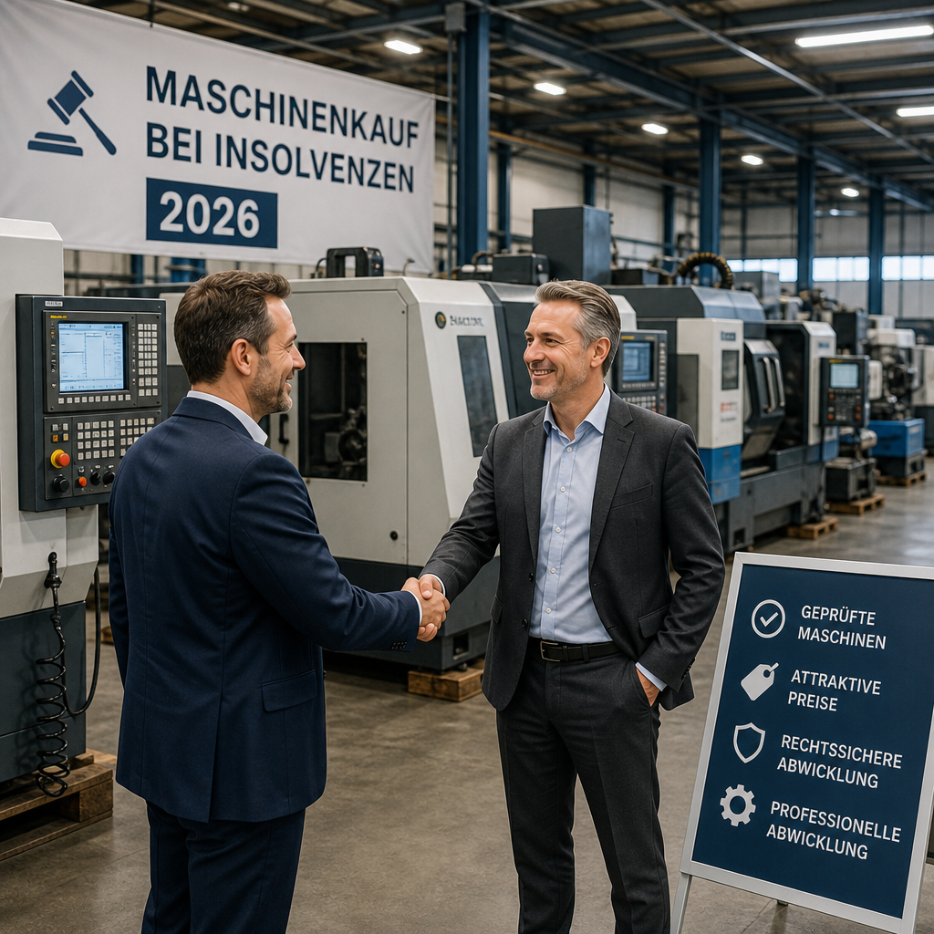 Geschäftspartner schütteln Hände vor gebrauchten Industriemaschinen in einer Werkshalle