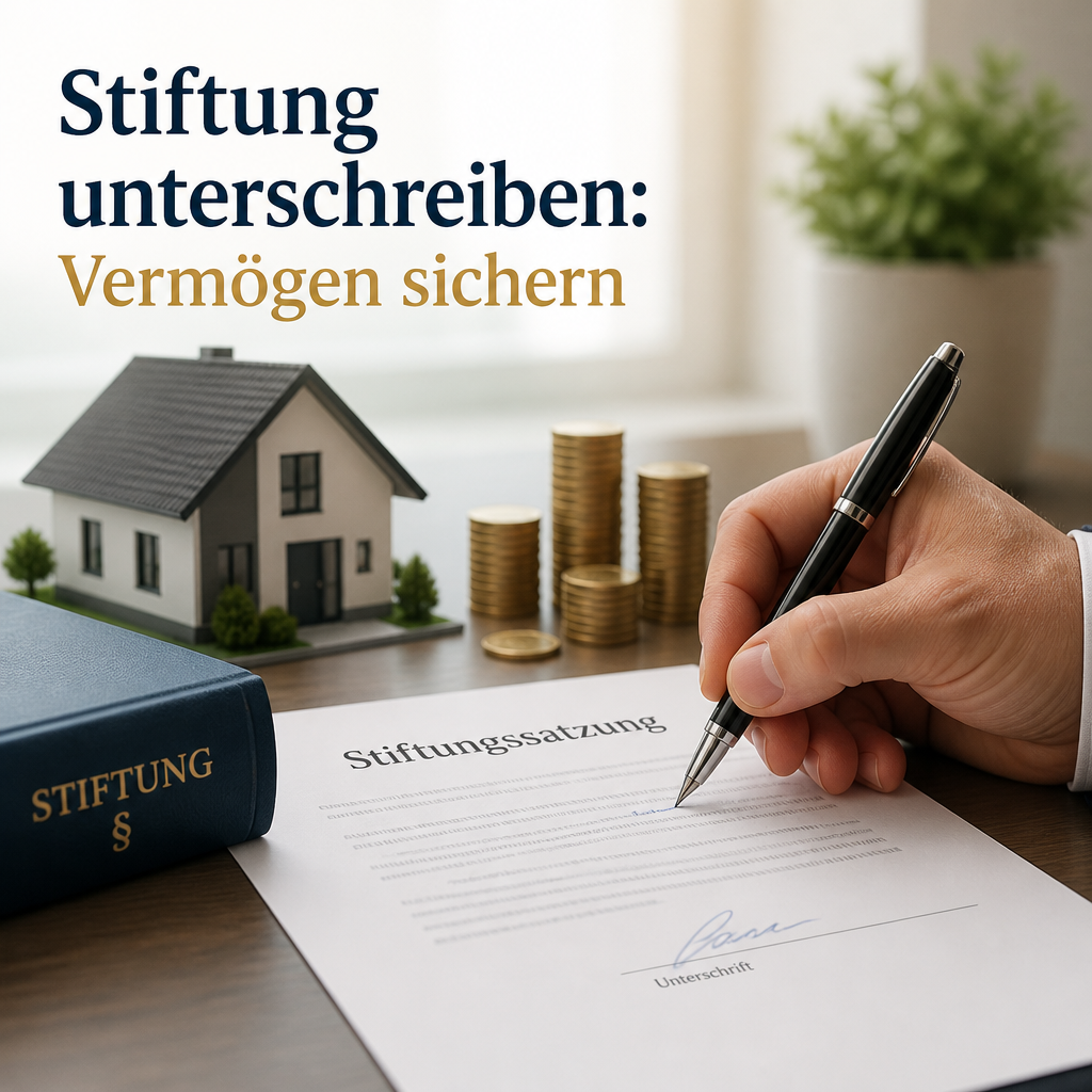 Hand unterschreibt Stiftungssatzung neben Hausmodell und Münzen