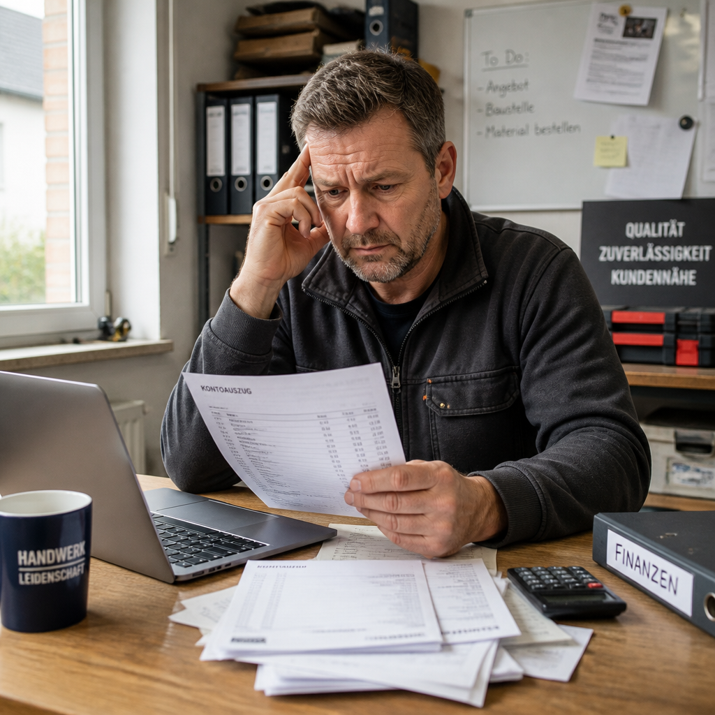 Handwerksmeister am Schreibtisch mit Laptop, Kontoauszügen und besorgtem Blick