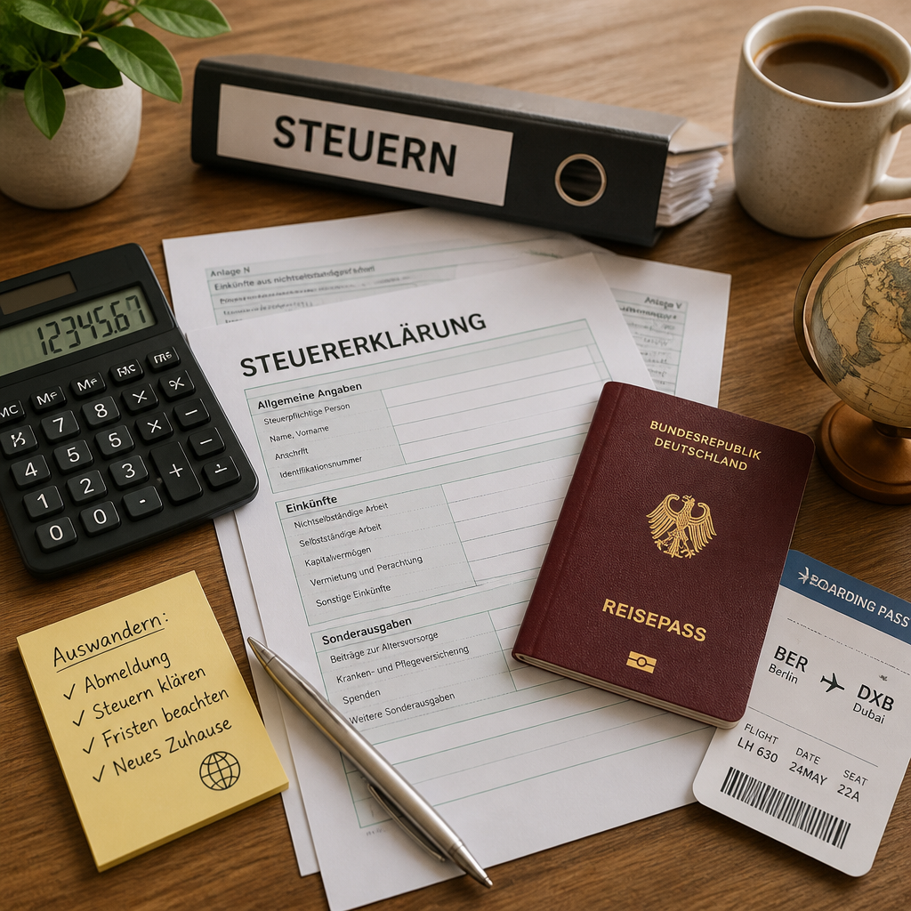Tisch mit Steuerunterlagen, Taschenrechner, Reisepass und Flugticket als Symbol für Auswandern und Steuerplanung