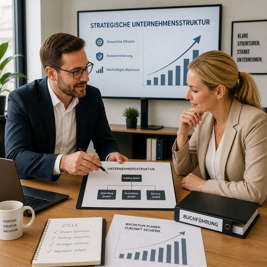 Steuerberater und Unternehmerin besprechen Unternehmensstruktur mit Wachstumsdiagramm und Buchhaltungsunterlagen