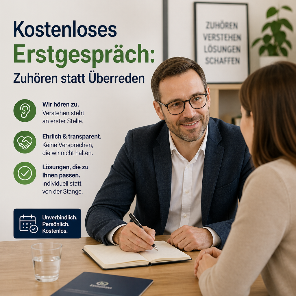 Berater hört Kundin aufmerksam zu, beide sitzen am Tisch, Notizbuch sichtbar