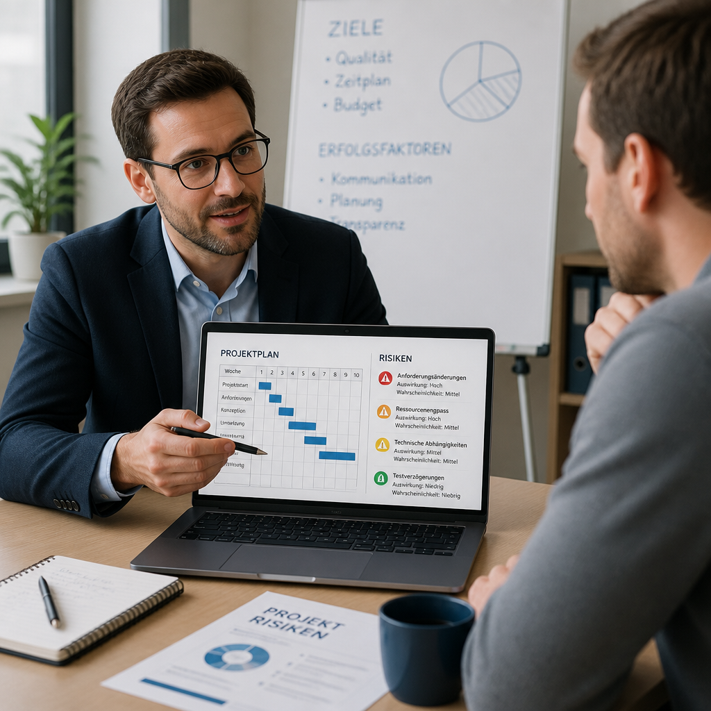 Berater zeigt Projektplan auf Laptop, diskutiert Risiken mit Kunde im Meeting