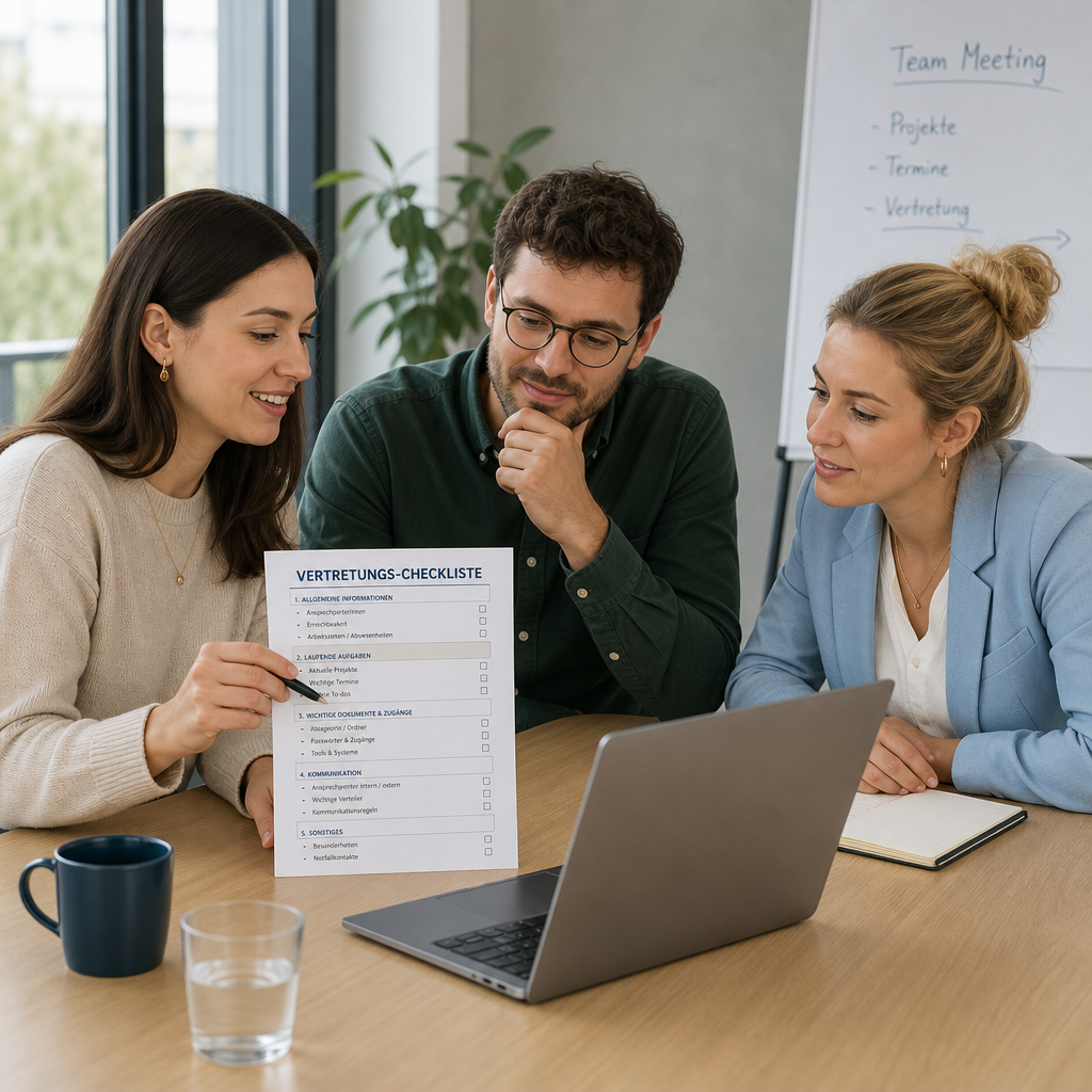 Drei Mitarbeitende am Konferenztisch mit Laptop und ausgedruckter Vertretungs-Checkliste