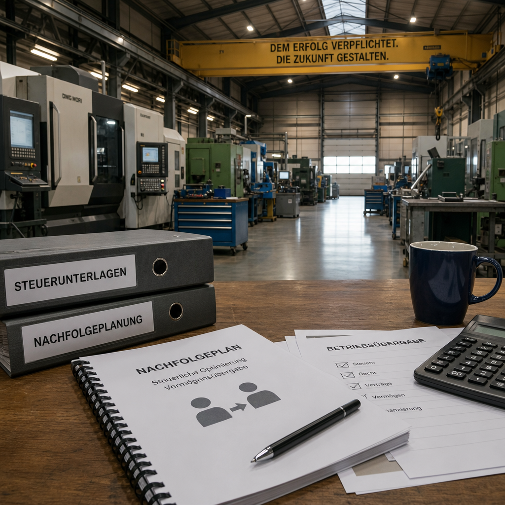 Industriehalle mit Maschinen und auf Tisch liegenden Steuerunterlagen zur Nachfolgeplanung