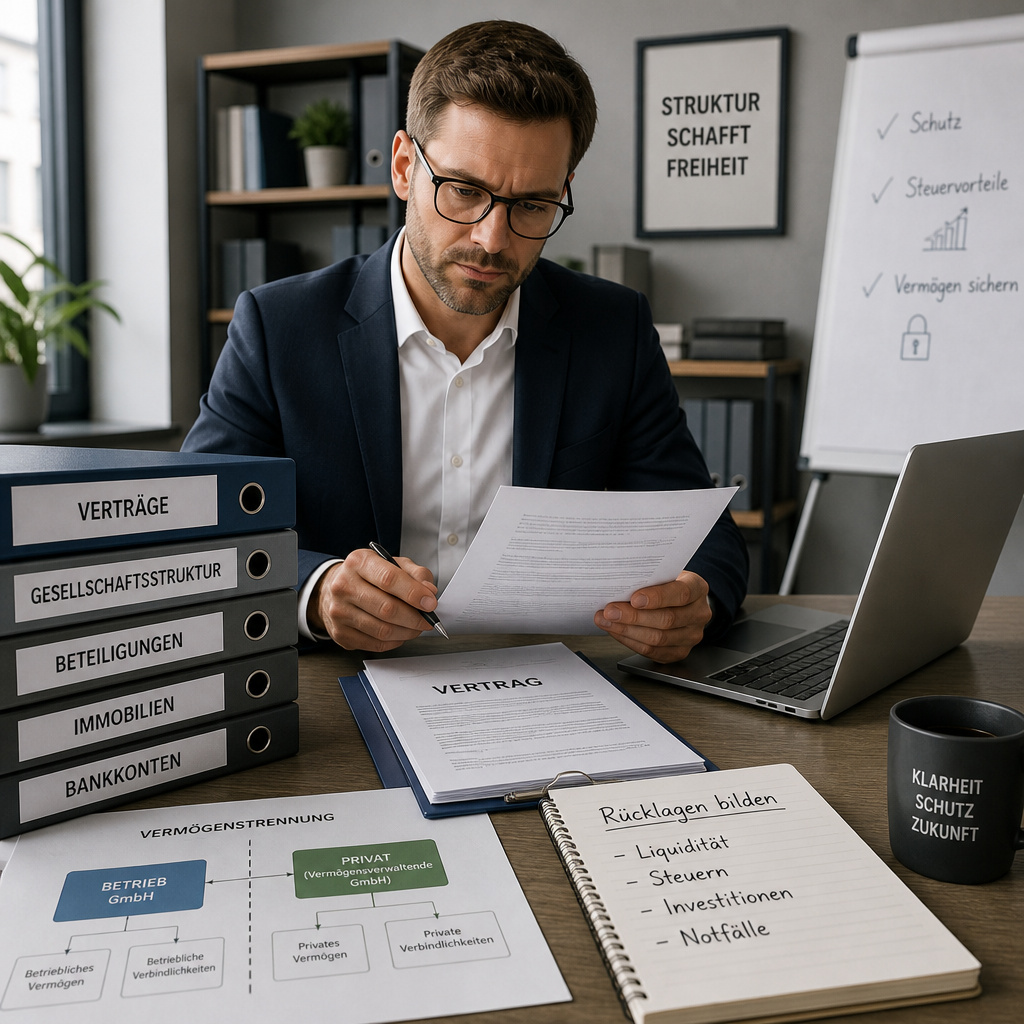 Unternehmer am Schreibtisch mit Ordnern, Verträgen und Notiz zu Rücklagen