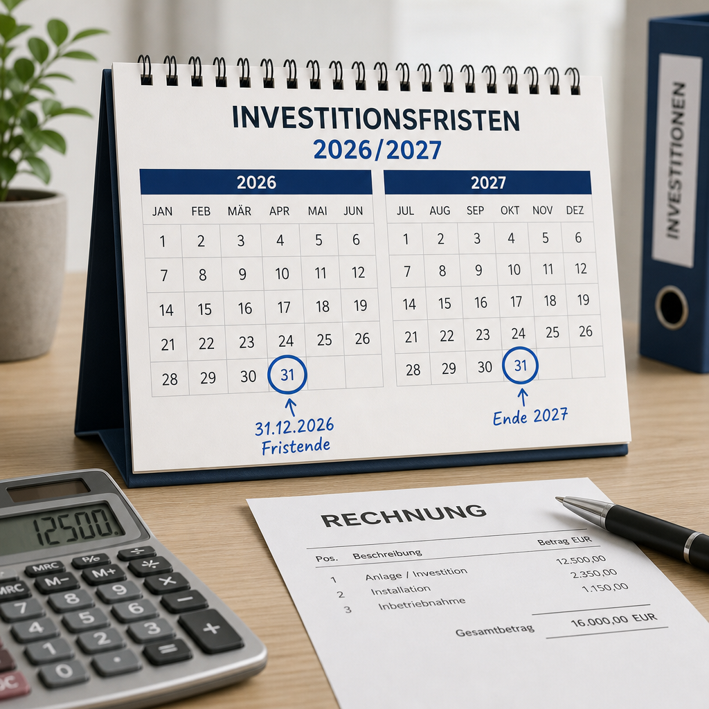 Kalender mit markierten Daten 31.12.2026 und Ende 2027, Taschenrechner und Rechnung