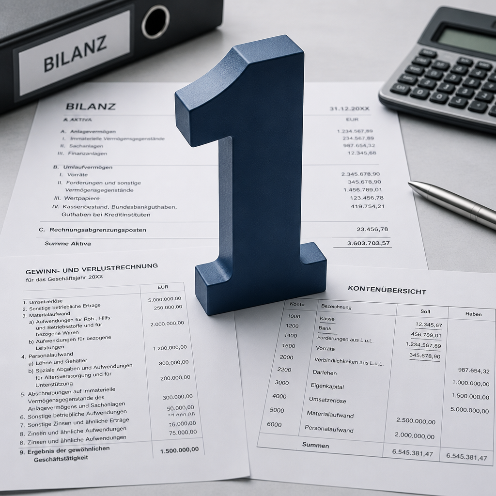 Grafik einer großen Ziffer „1“ auf ausgelegten Bilanz- und Kontounterlagen