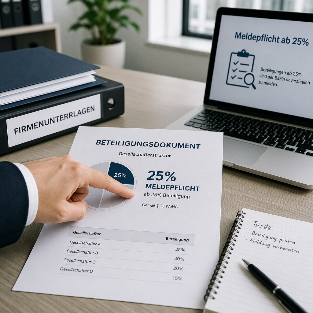 Hand zeigt auf Beteiligungsdokument mit 25% neben Laptop im Büro
