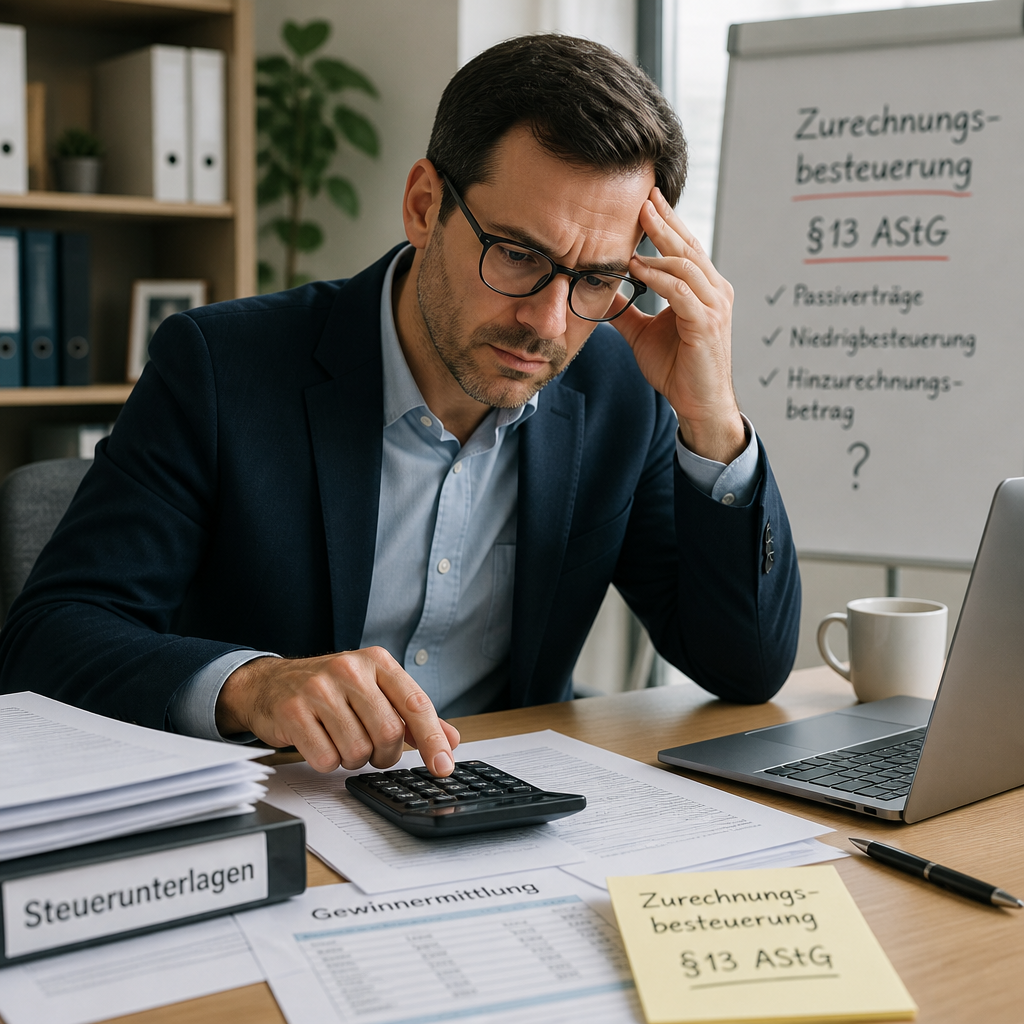 Unternehmer am Schreibtisch mit Steuerunterlagen, Laptop und Taschenrechner, besorgt über Zurechnungsbesteuerung §13 AStG