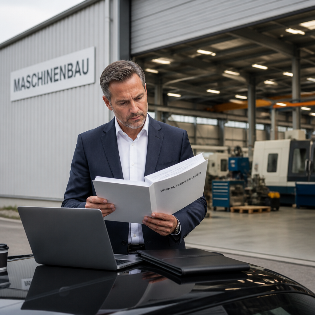 Liquider Investor prüft Verkaufsunterlagen und Laptop vor Fabrikhalle mit Maschinen im Hintergrund