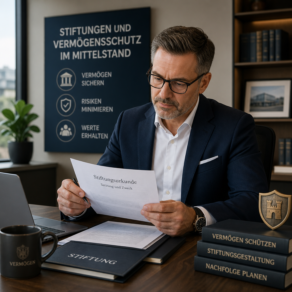 Unternehmer am Schreibtisch prüft Stiftungsdokumente für Vermögensschutz