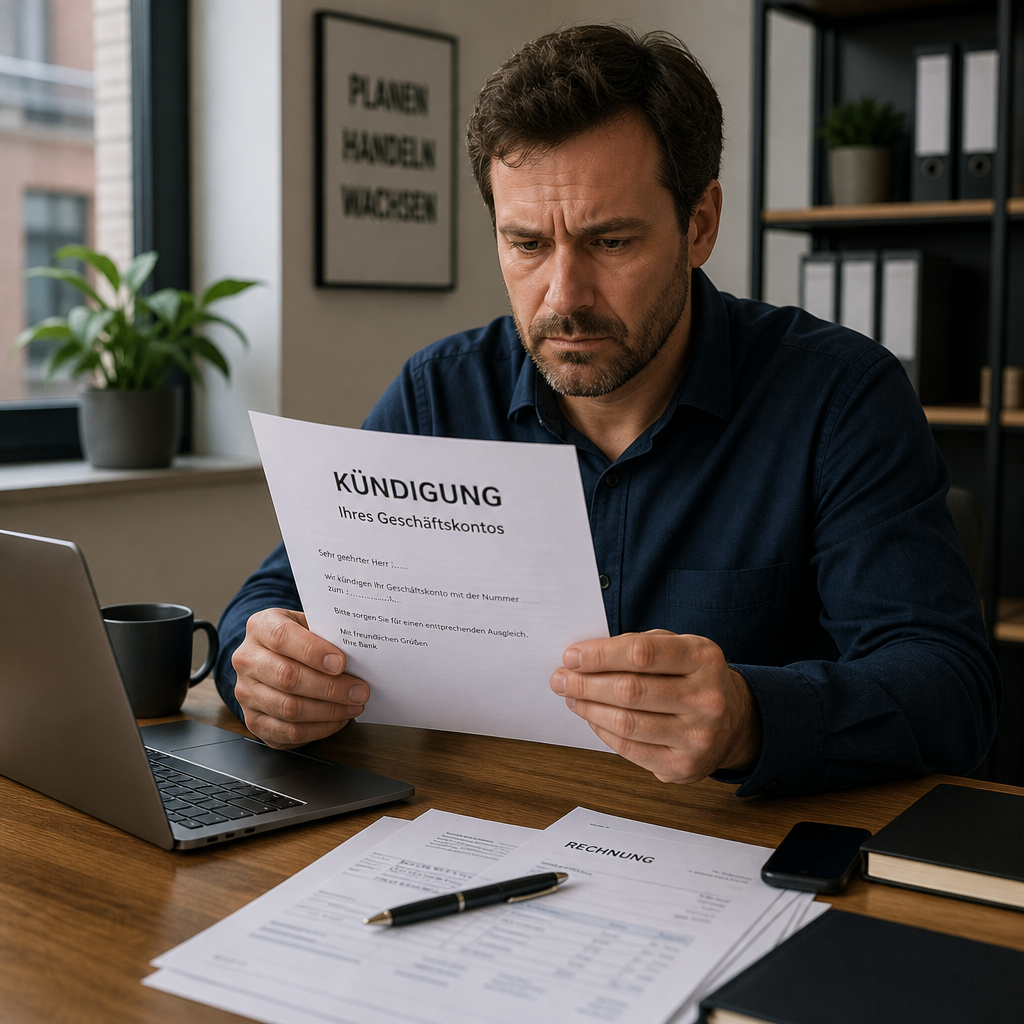 Unternehmer liest Kündigung seines Geschäftskontos am Schreibtisch; Laptop und offene Rechnungen sichtbar