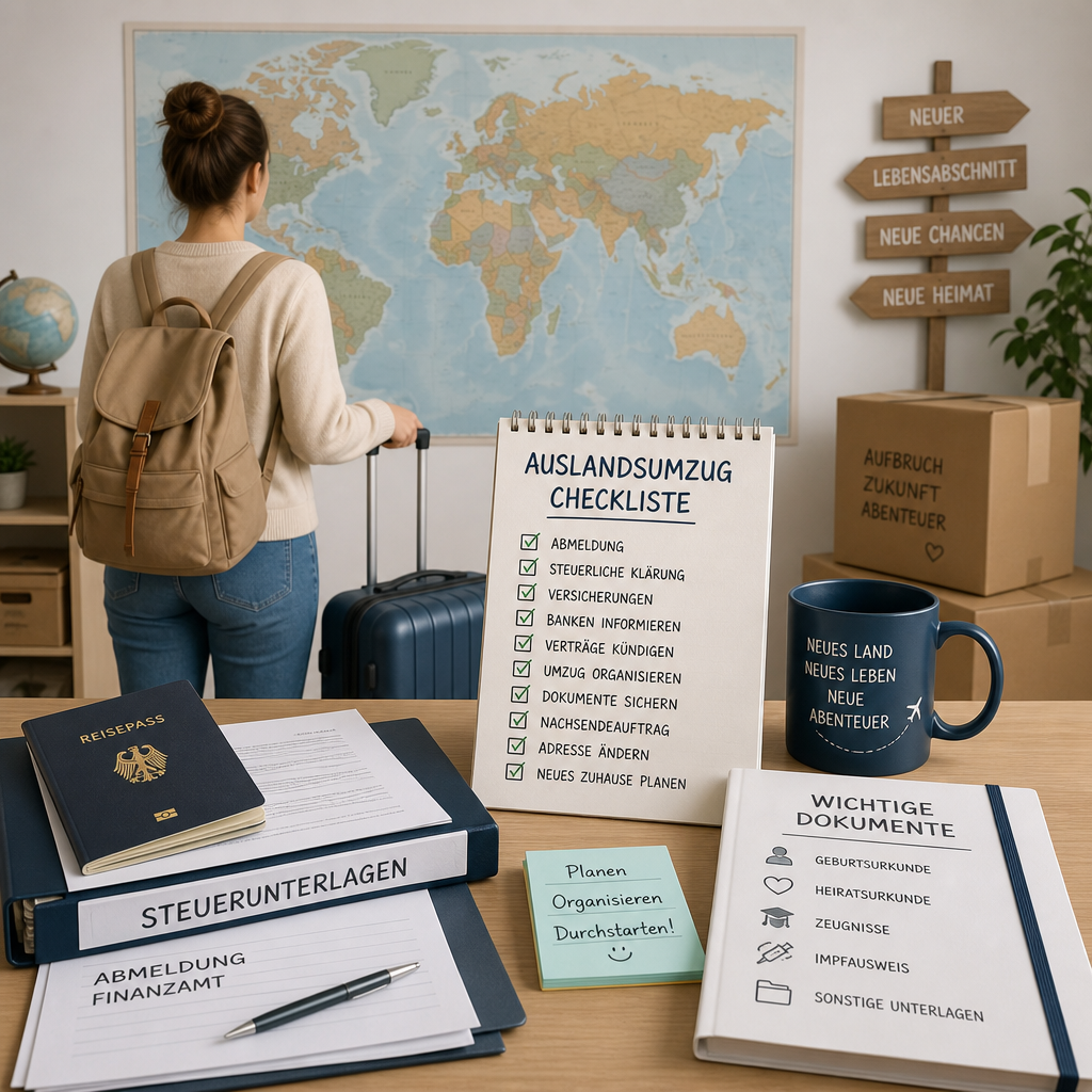 Person mit Koffer, Steuerunterlagen und Checkliste vor Weltkarte