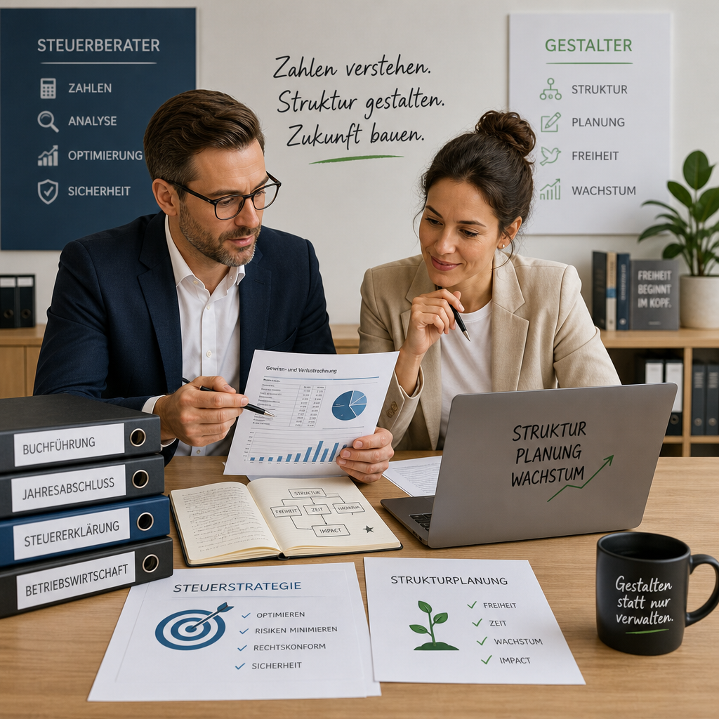 Zwei Personen vergleichen Berichte, Ordner und Laptop für Steuer- und Strukturplanung und Wachstum