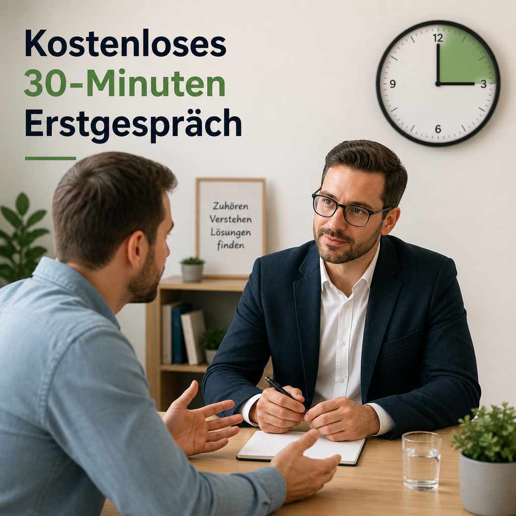Berater hört aufmerksam zu, Klient erklärt Anliegen am Tisch, Wanduhr zeigt 30 Minuten