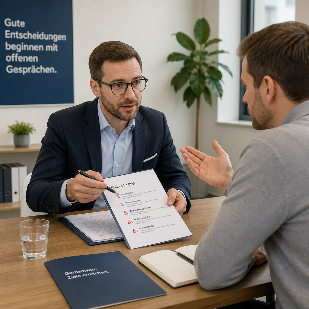 Berater am Tisch zeigt Unterlagen, Kunde stellt Frage zu möglichen Risiken