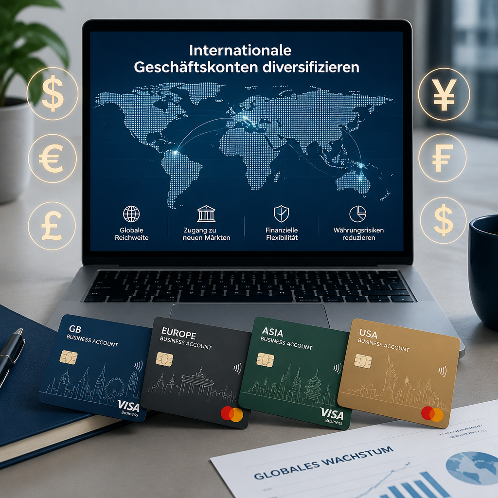 Laptop mit Weltkarte, mehreren Bankkarten und Währungssymbolen