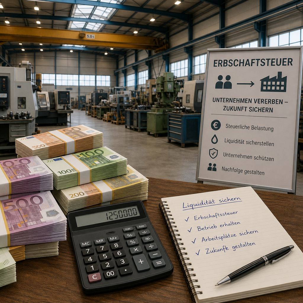 Industriehalle mit Maschinen, Bargeld und Taschenrechner zur Veranschaulichung von Erbschaftssteuer und Liquidität