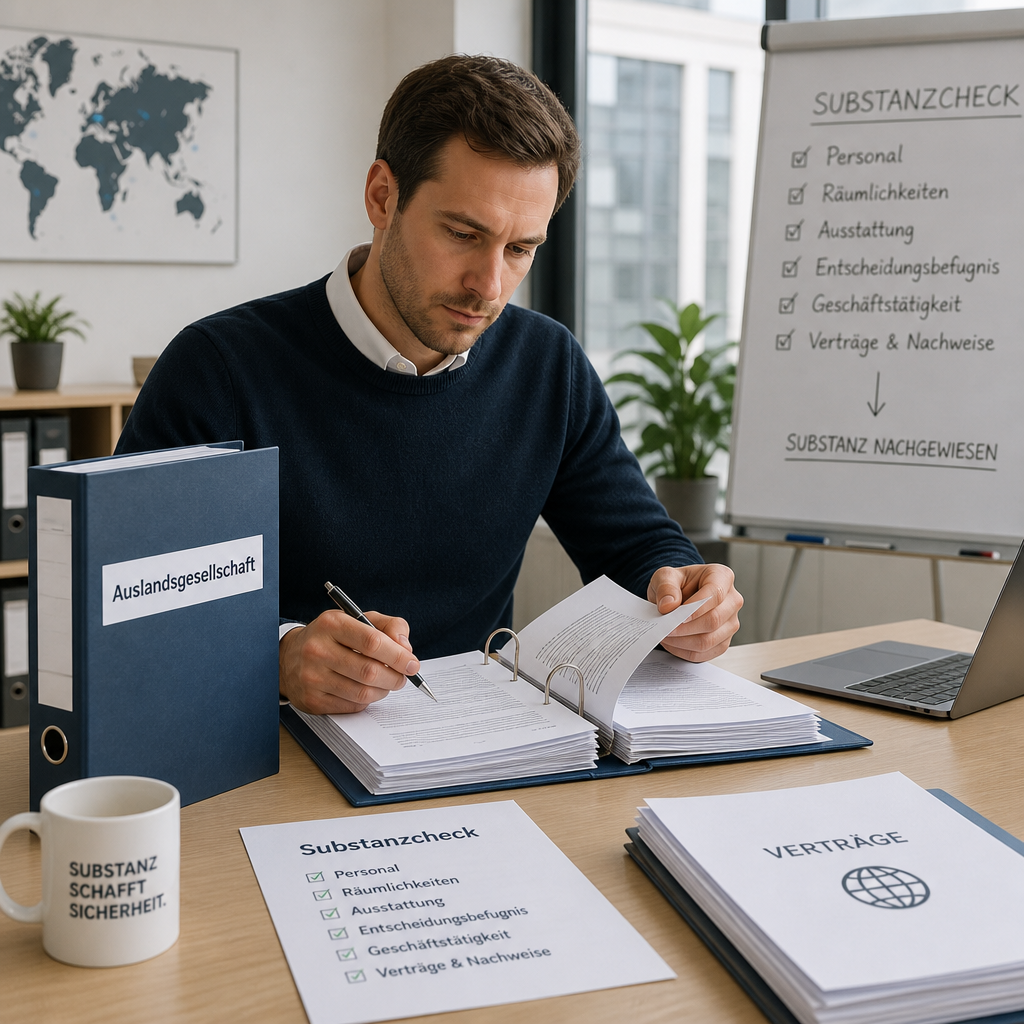 Person prüft Ordner und Verträge im Büro für Substanzcheck einer Auslandsgesellschaft