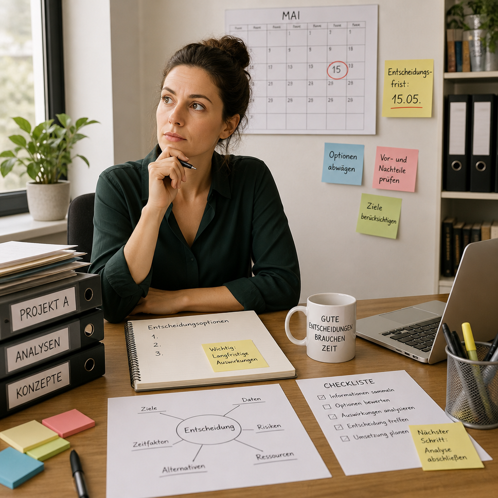 Person am Schreibtisch mit Kalender, Akten und Notizen über Entscheidungsfrist nachdenkend