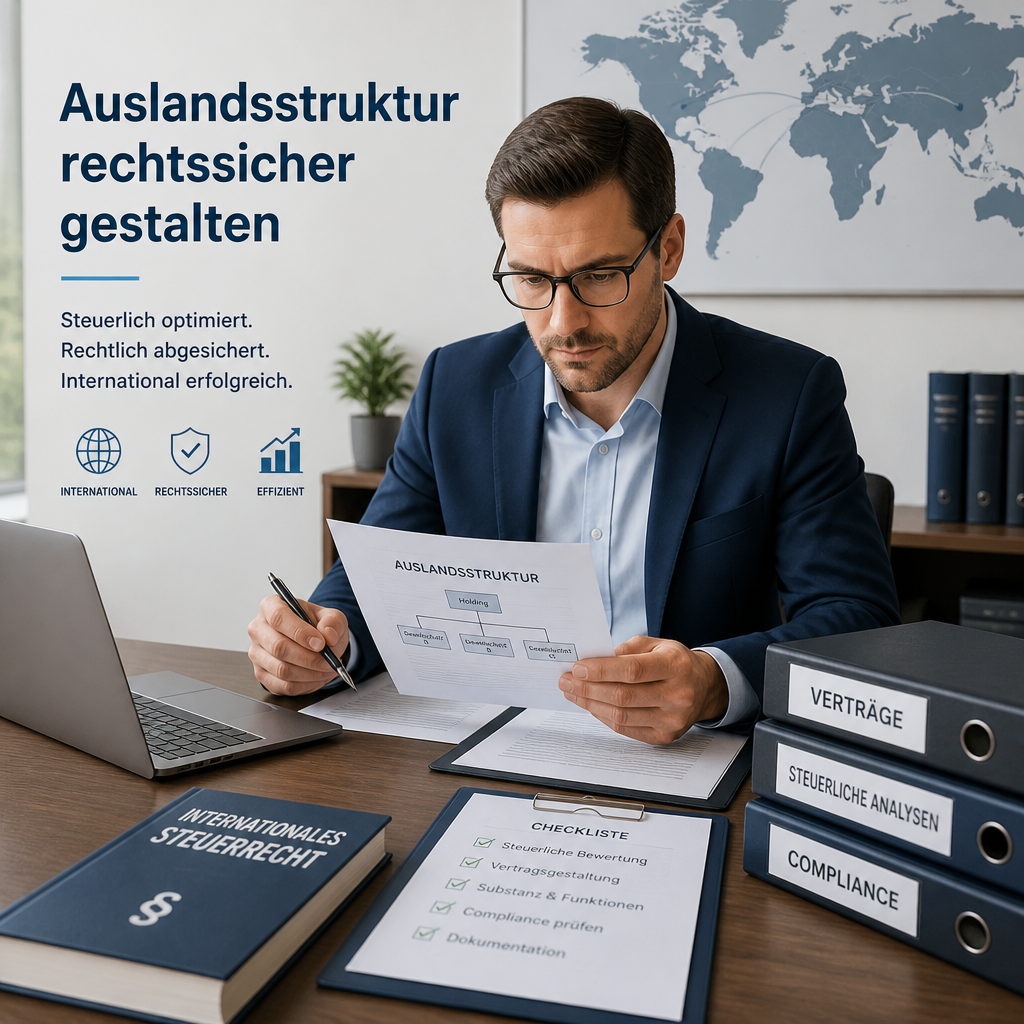 Berater prüft Auslandsstruktur Unterlagen am Schreibtisch mit Laptop und Akten