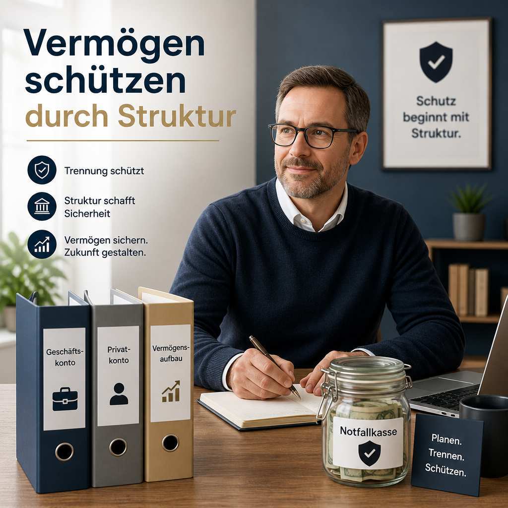 Ruhiger Unternehmer am Schreibtisch mit getrennten Kontenordnern und Notfallkasse