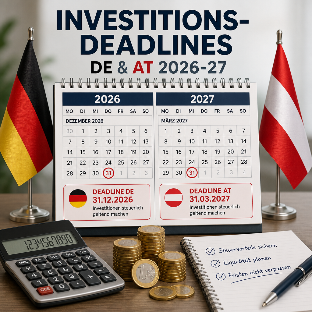Kalender mit markierten Fristen, Taschenrechner, Münzen und deutschen sowie österreichischen Flaggen