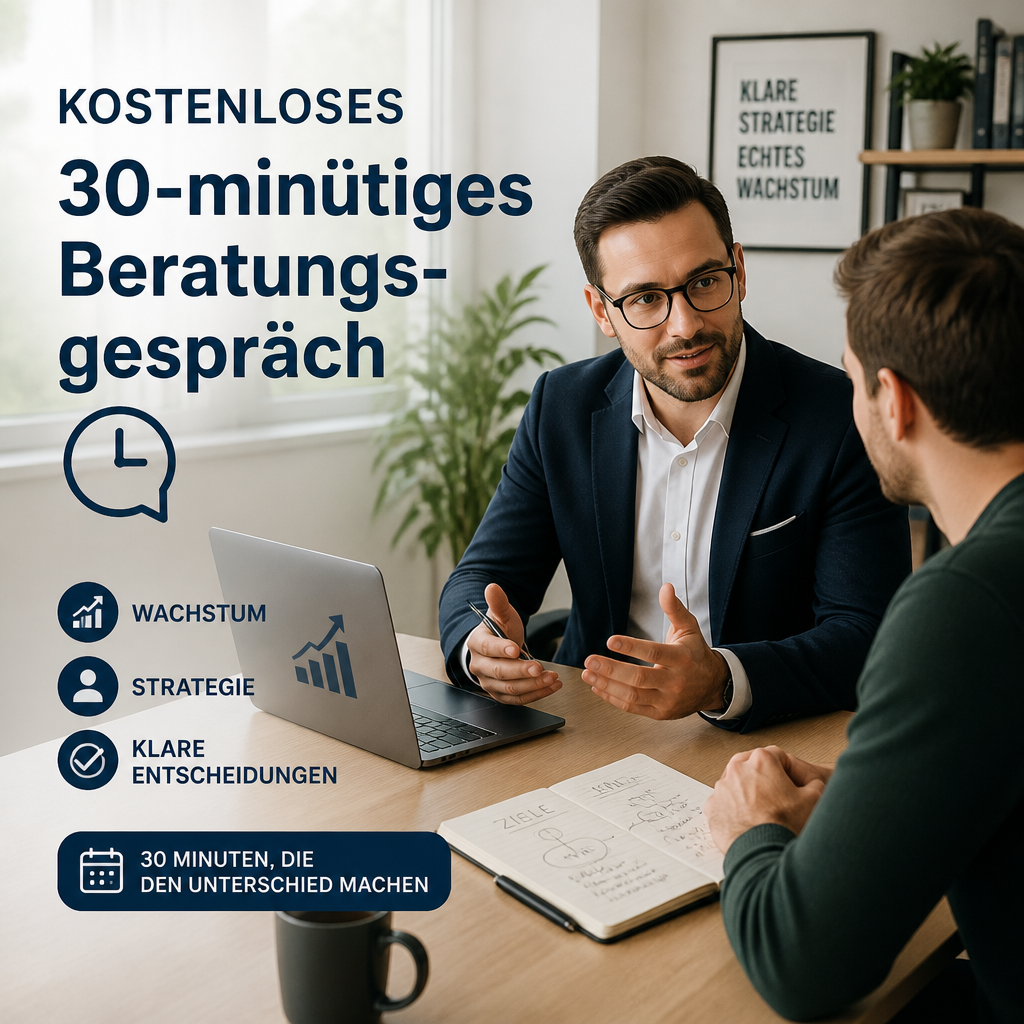 Berater und Unternehmer sitzen am Tisch mit Laptop und Notizen, besprechen Wachstum und Entscheidungen