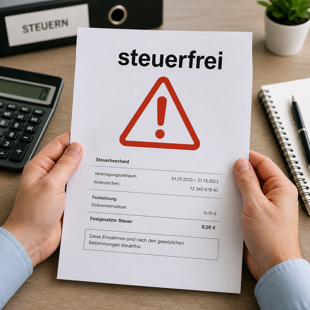 Hände halten Steuerdokument mit Aufschrift 'steuerfrei' und rotem Warnsymbol