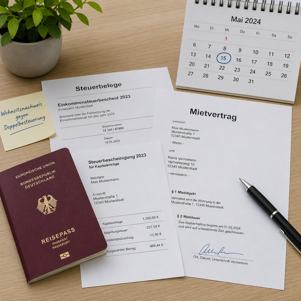Reisepass, Steuerbelege, Mietvertrag und Kalender auf Tisch als Wohnsitznachweis gegen Doppelbesteuerung