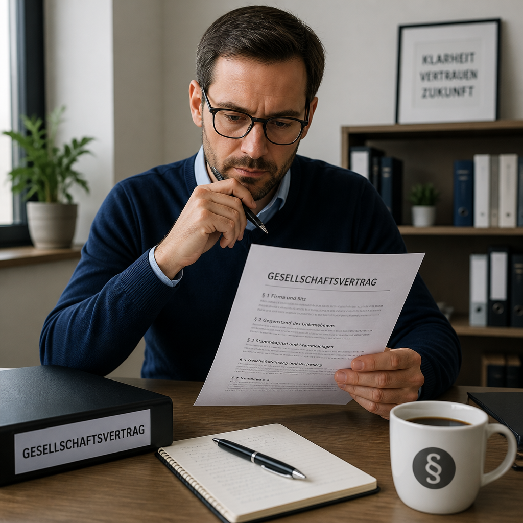 Person liest Gesellschaftsvertrag am Schreibtisch mit Ordner, Stift und Kaffee