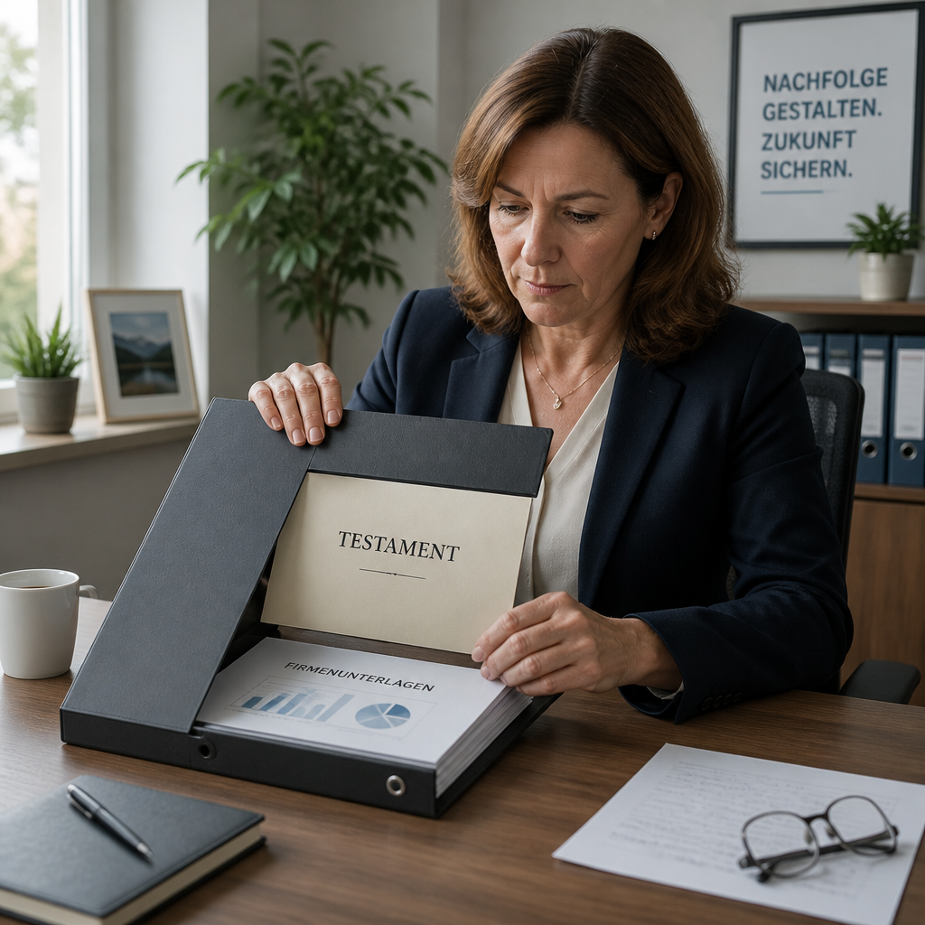Frau am Schreibtisch öffnet Ordner mit Testament und Firmenunterlagen