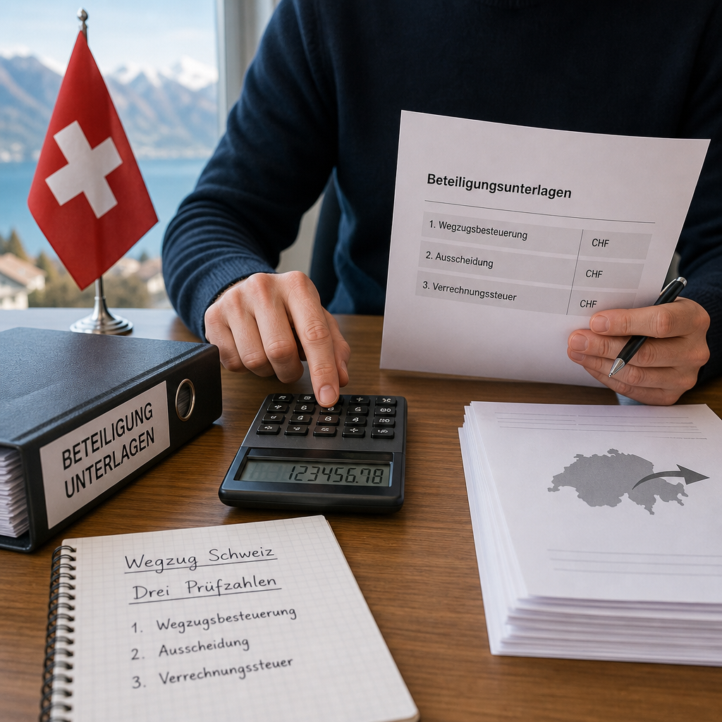 Person überprüft Beteiligungsunterlagen mit Taschenrechner, Aktenordner und Schweizer Flagge