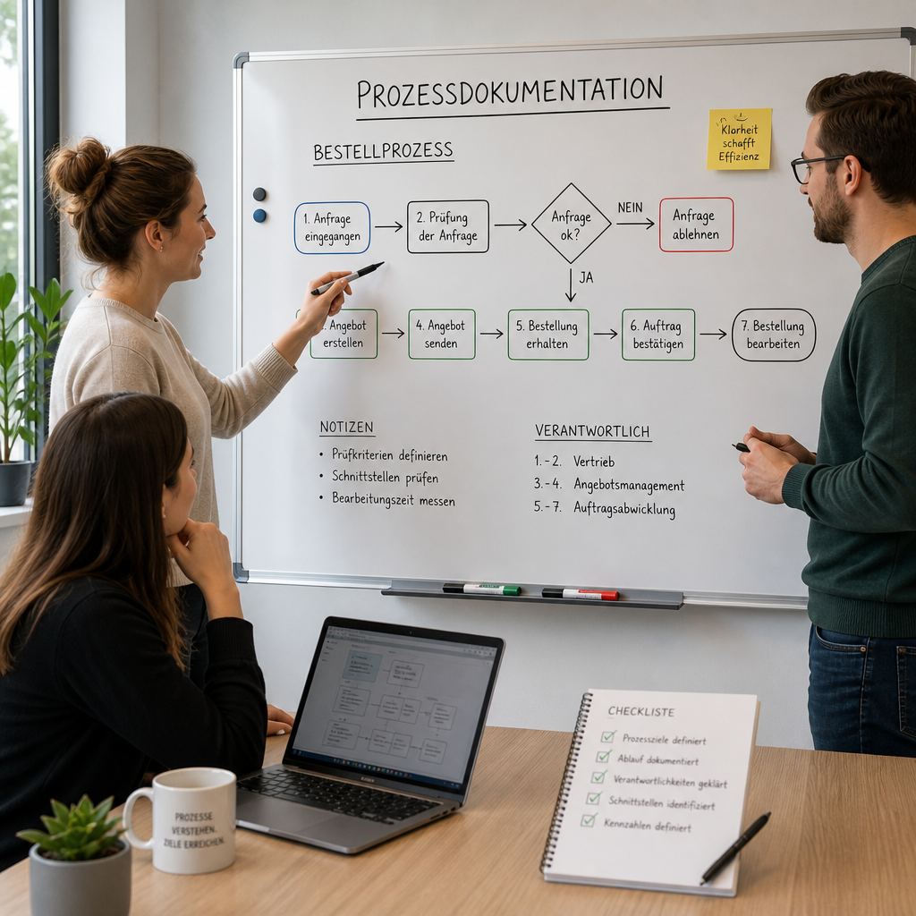 Team diskutiert Prozessdiagramm am Whiteboard mit Laptop und Checkliste