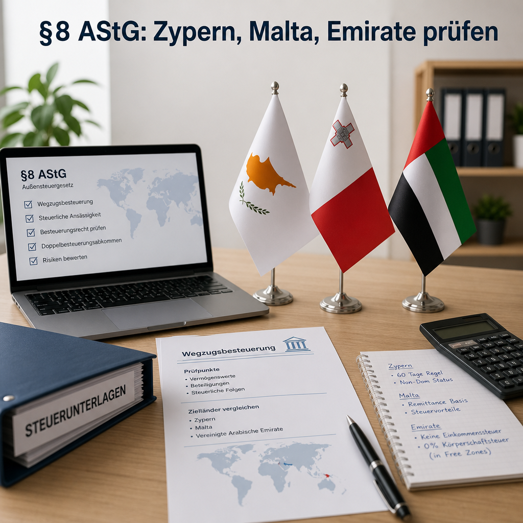 Schreibtisch mit Steuerunterlagen, Laptop und kleinen Flaggen von Zypern, Malta und den Emiraten