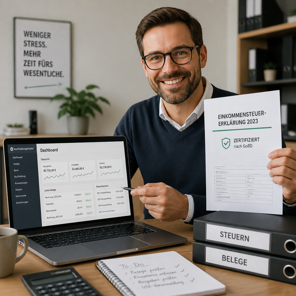 Unternehmer mit Laptop und Steuerdokumenten
