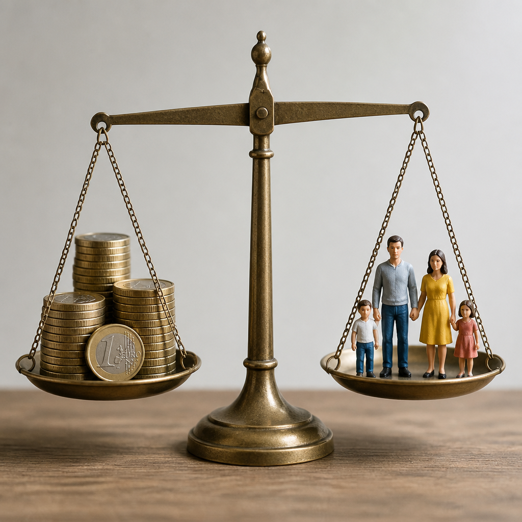 Waage mit gestapelten Euro-Münzen auf einer Seite und Miniatur-Familienfiguren auf der anderen
