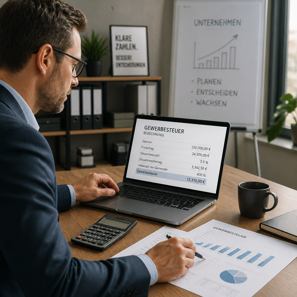Unternehmer prüft Steuern am Laptop