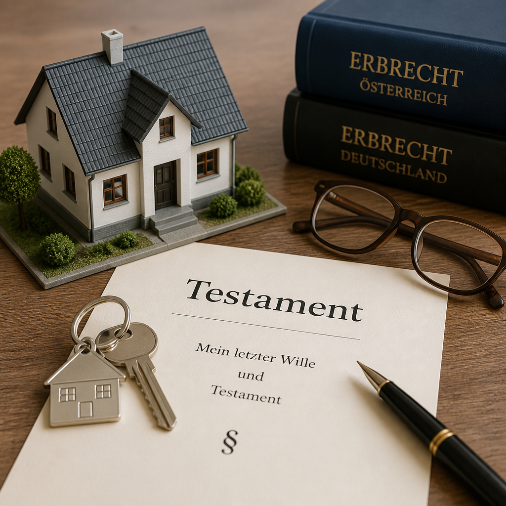 Modellhaus neben Testament, Schlüssel und Brille auf Holztisch symbolisiert Erbschaft und Pflichtteil in Österreich und Deutschland