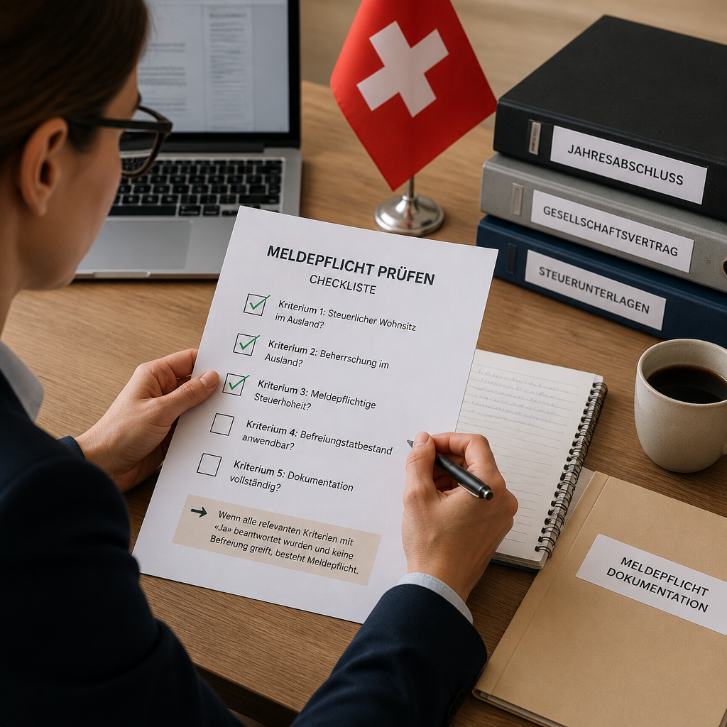Person prüft Meldepflicht-Checkliste neben Firmenunterlagen und Schweizer Flagge