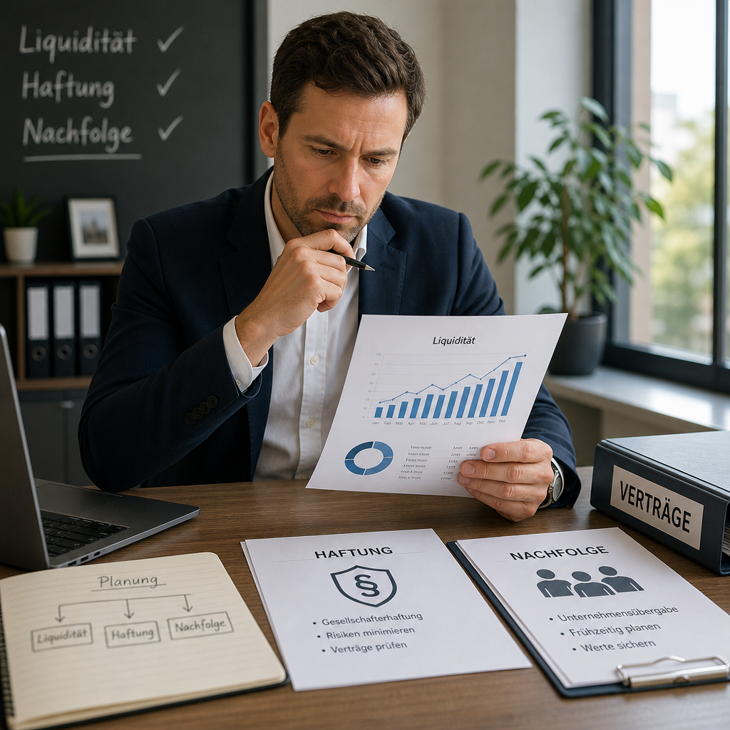 Unternehmer prüft Liquidität, Haftung und Nachfolge